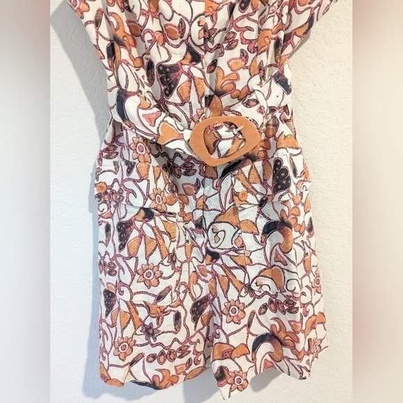 House of Harlow Orange Floral Belted Linen Blend Sleeveless Romper Retro Coastal - Picture 5 of 11